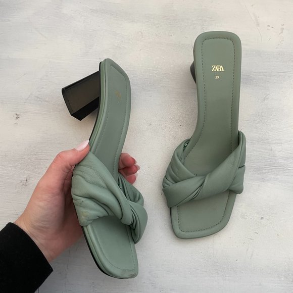 Zara Women's Slip On Sandals Knotted Leather Square Toe Heels in Green Sz 39 - Picture 4 of 8